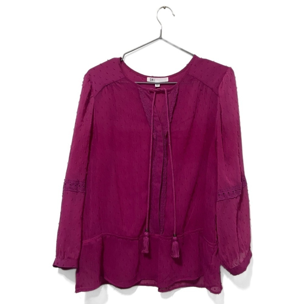 DR2 Hot Pink Barbie Sheer Mesh Tassel Flowy Long Sleeve Blouse Size Medium
